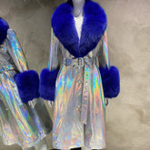 Women's Leather Coat with Fur Collar and Cuffs - Blue